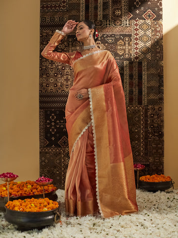 KASEE Women Peach Woven Design Embellished Saree