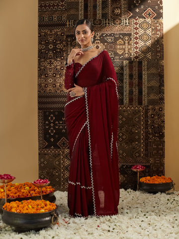 KASEE Women Maroon Beads and Stones Pure Chiffon Saree