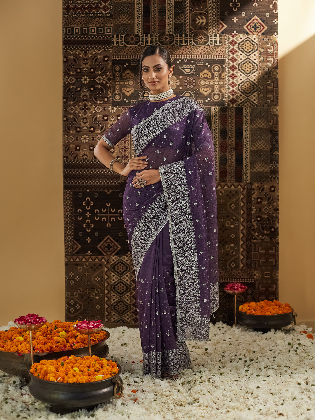 KASEE Women Purple Floral Zari Silk Blend Saree