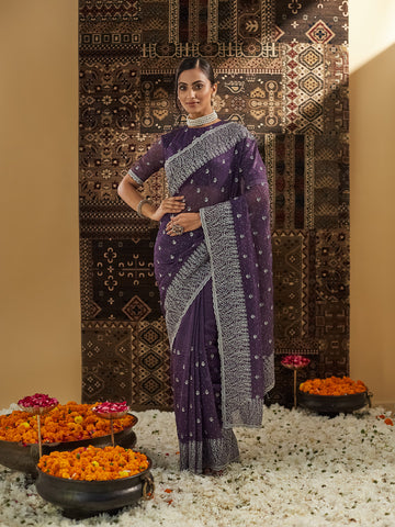 KASEE Women Purple Floral Zari Silk Blend Saree