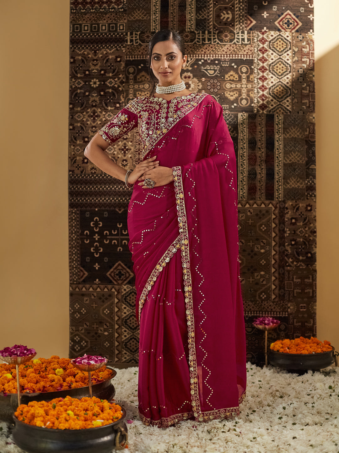 KASEE Women Cherry Embellished Sequinned Silk Blend Saree