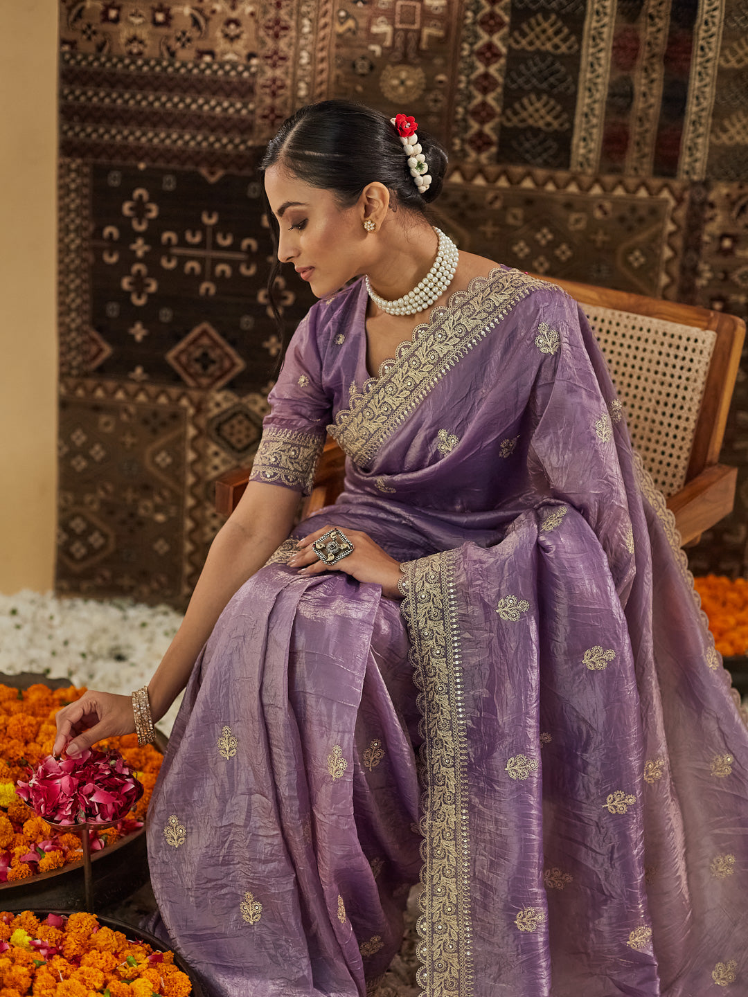 KASEE Women Lavender Embellished Zardozi Silk Blend Saree