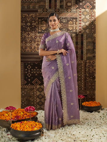 KASEE Women Lavender Embellished Zardozi Silk Blend Saree