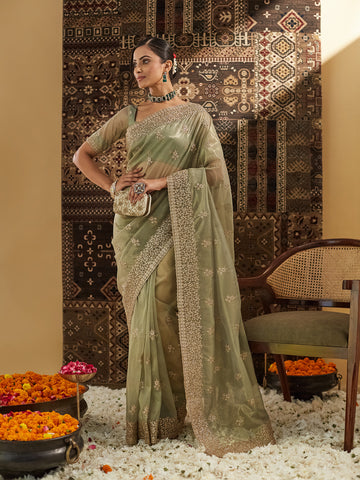KASEE Women Green Floral Zardozi Supernet Saree
