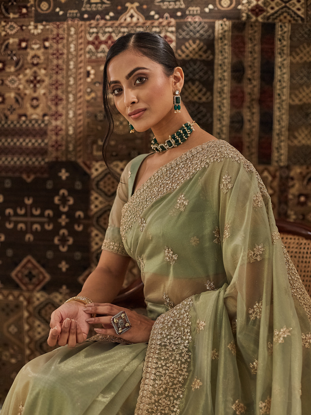 KASEE Women Green Floral Zardozi Supernet Saree