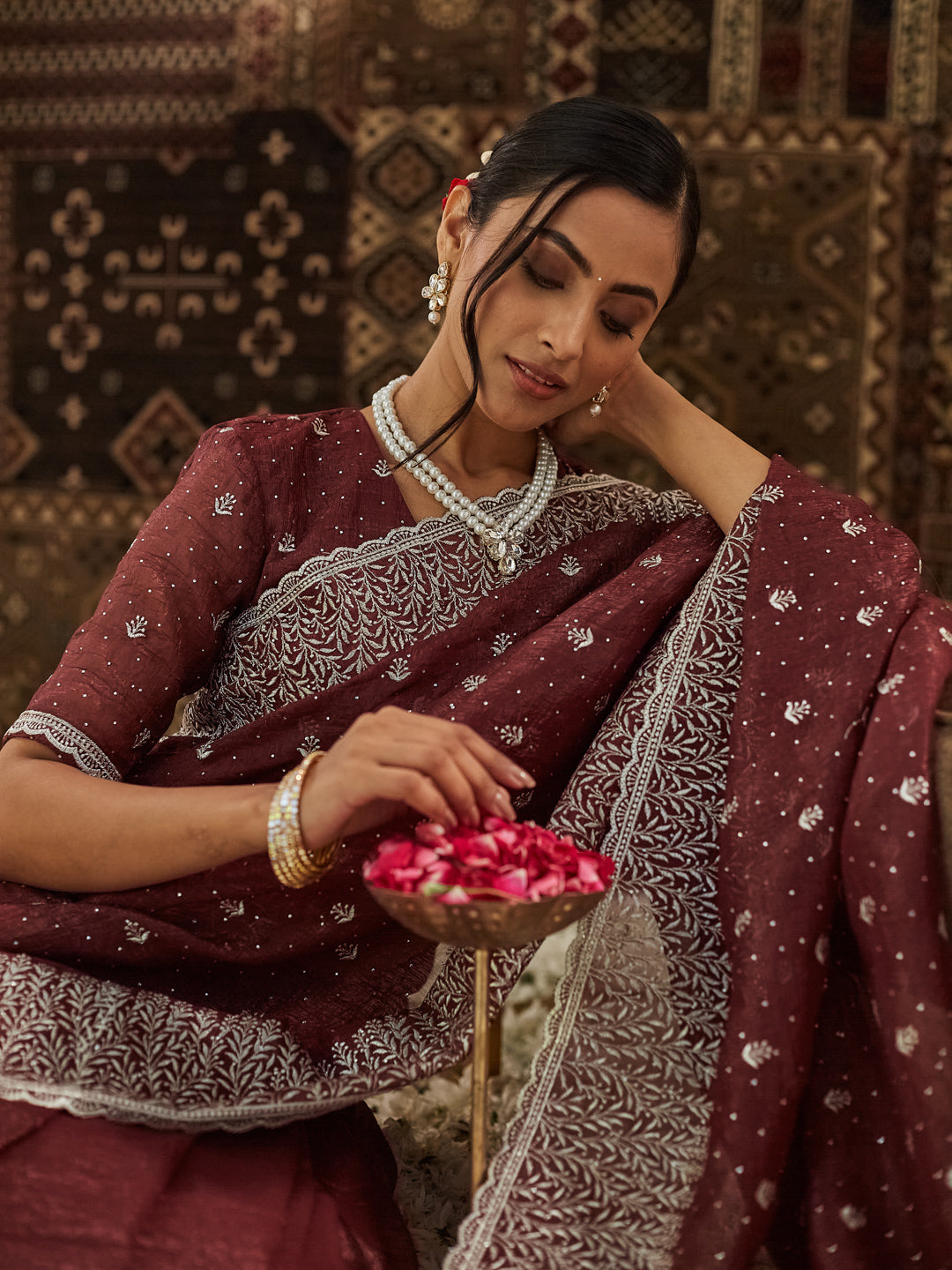 KASEE Women Rust Floral Zari Silk Blend Saree