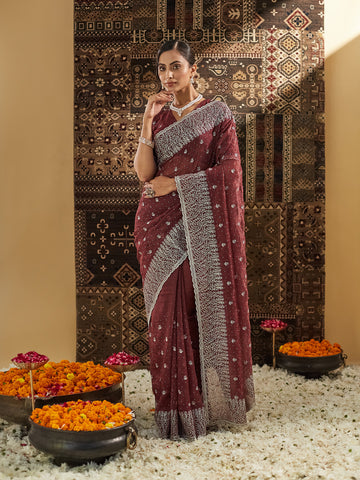 KASEE Women Rust Floral Zari Silk Blend Saree
