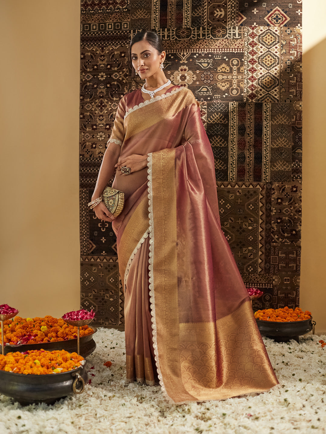KASEE Women Gold Woven Design Embellished Saree