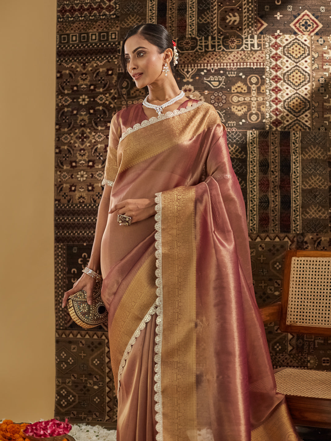 KASEE Women Gold Woven Design Embellished Saree