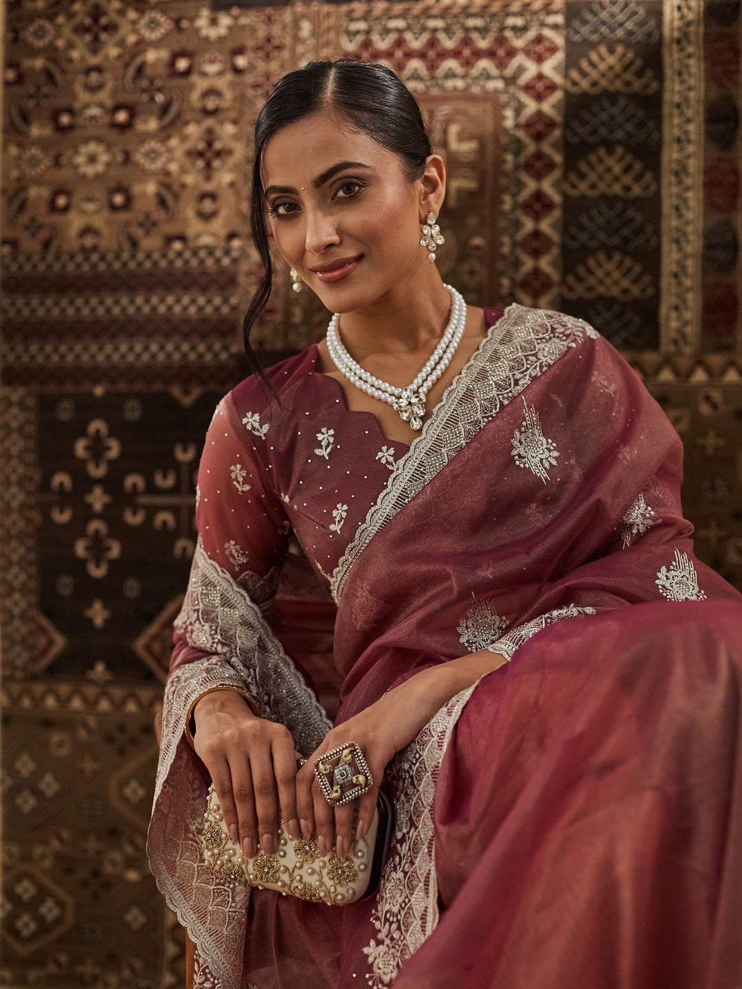 KASEE Women Rust Embellished Beads and Stones Supernet Designer Saree