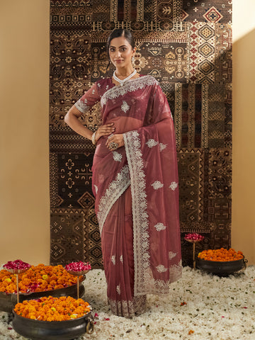 KASEE Women Rust Embellished Beads and Stones Supernet Designer Saree