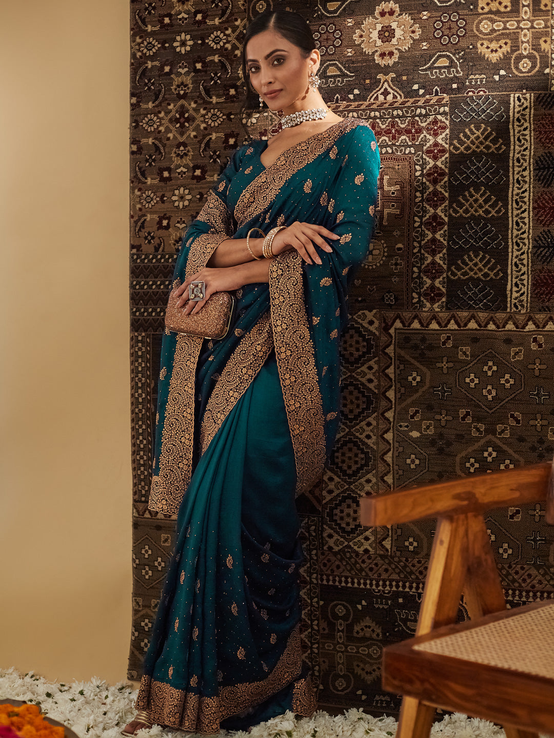 KASEE Women Peacock Blue Embellished Zari Silk Cotton Heavy Work Saree