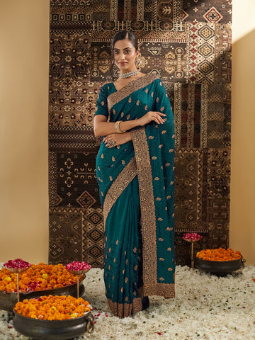KASEE Women Peacock Blue Embellished Zari Silk Cotton Heavy Work Saree