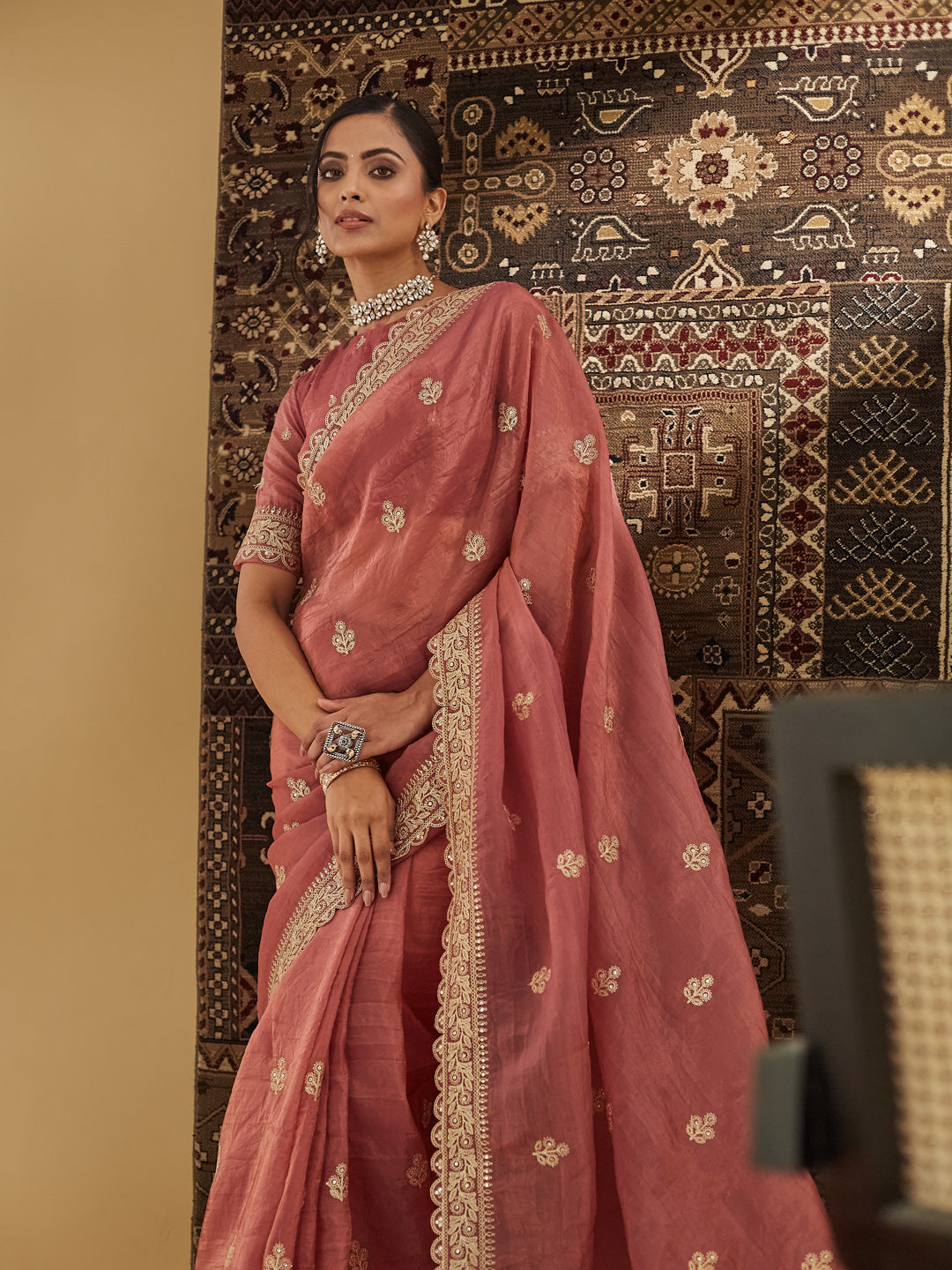 KASEE Women Pink Embellished Zardozi Silk Blend Saree