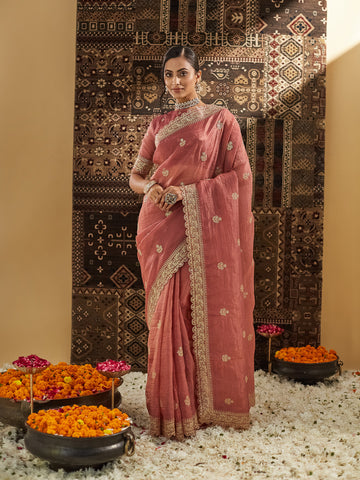KASEE Women Pink Embellished Zardozi Silk Blend Saree