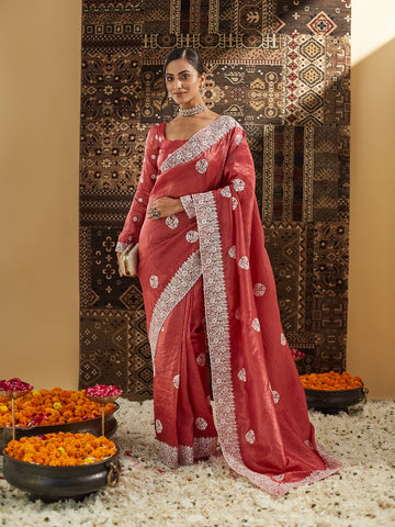 KASEE Women Rust Floral Chikankari Silk Blend Saree