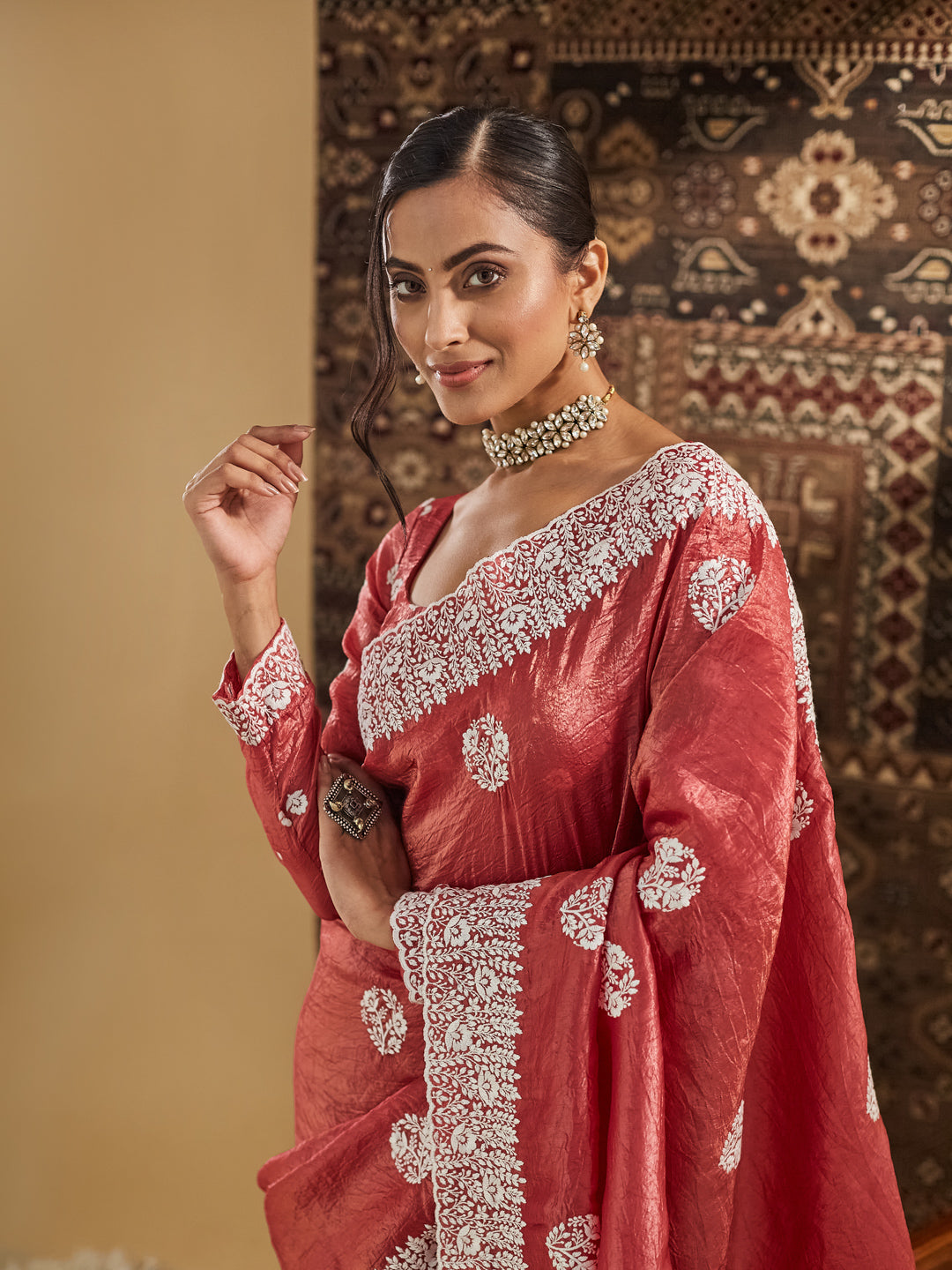 KASEE Women Rust Floral Chikankari Silk Blend Saree
