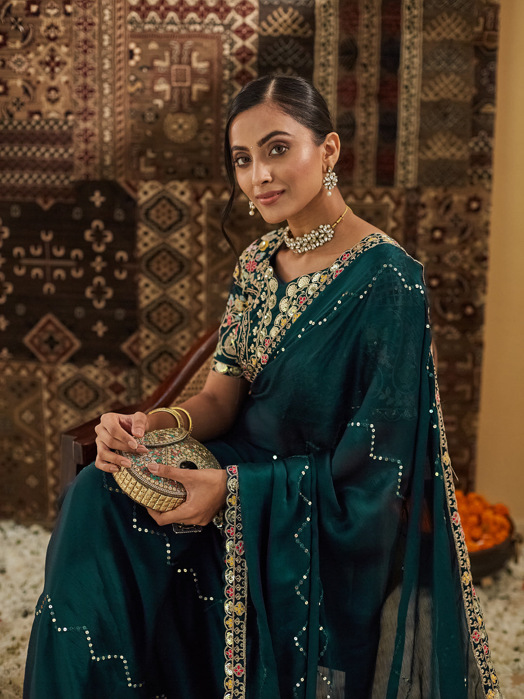 KASEE Women Morpich Embellished Sequinned Silk Blend Saree