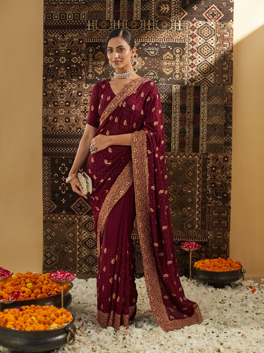 KASEE Women Wine Embellished Zari Silk Cotton Heavy Work Saree