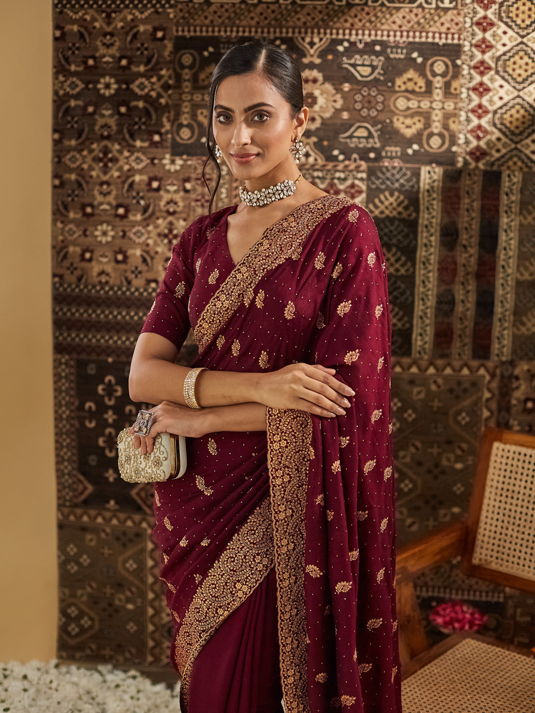 KASEE Women Wine Embellished Zari Silk Cotton Heavy Work Saree