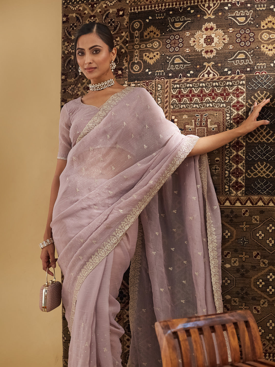 KASEE Women Lavender Embellished Zari Pure Silk Saree
