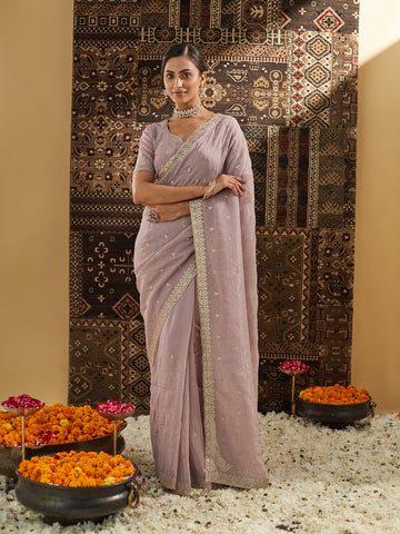 KASEE Women Lavender Embellished Zari Pure Silk Saree