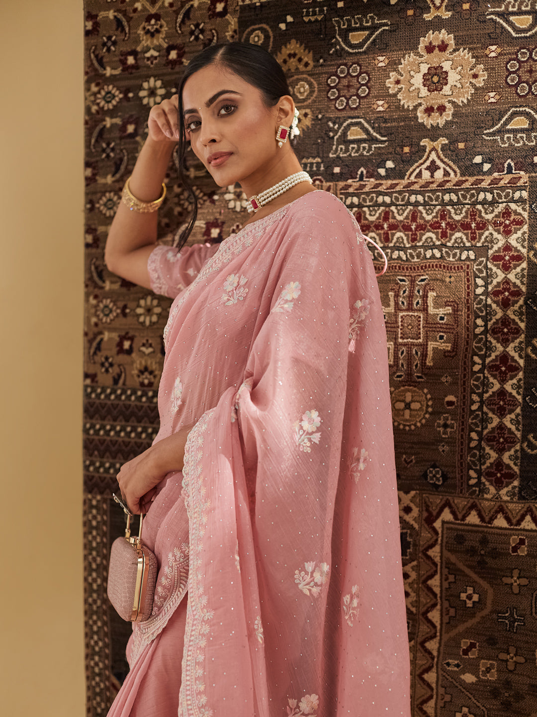 KASEE Women Pink Floral Phulkari Silk Blend Saree