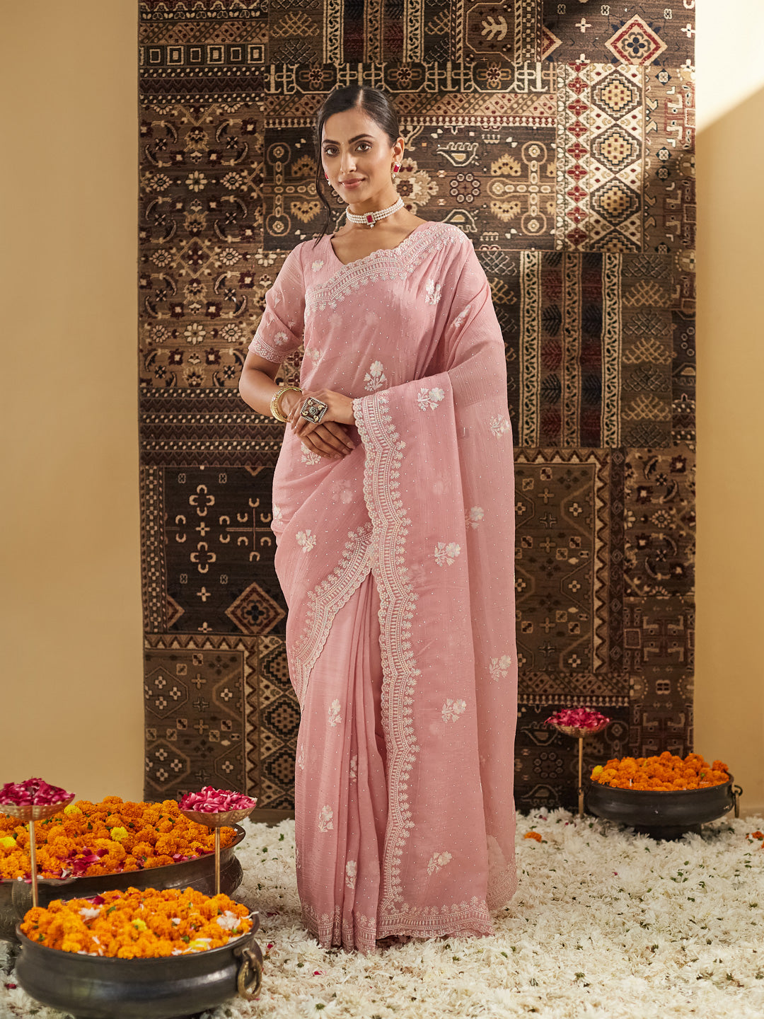 KASEE Women Pink Floral Phulkari Silk Blend Saree
