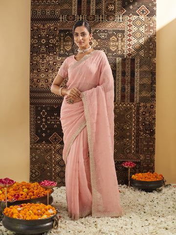KASEE Women Peach Embellished Zari Pure Silk Saree