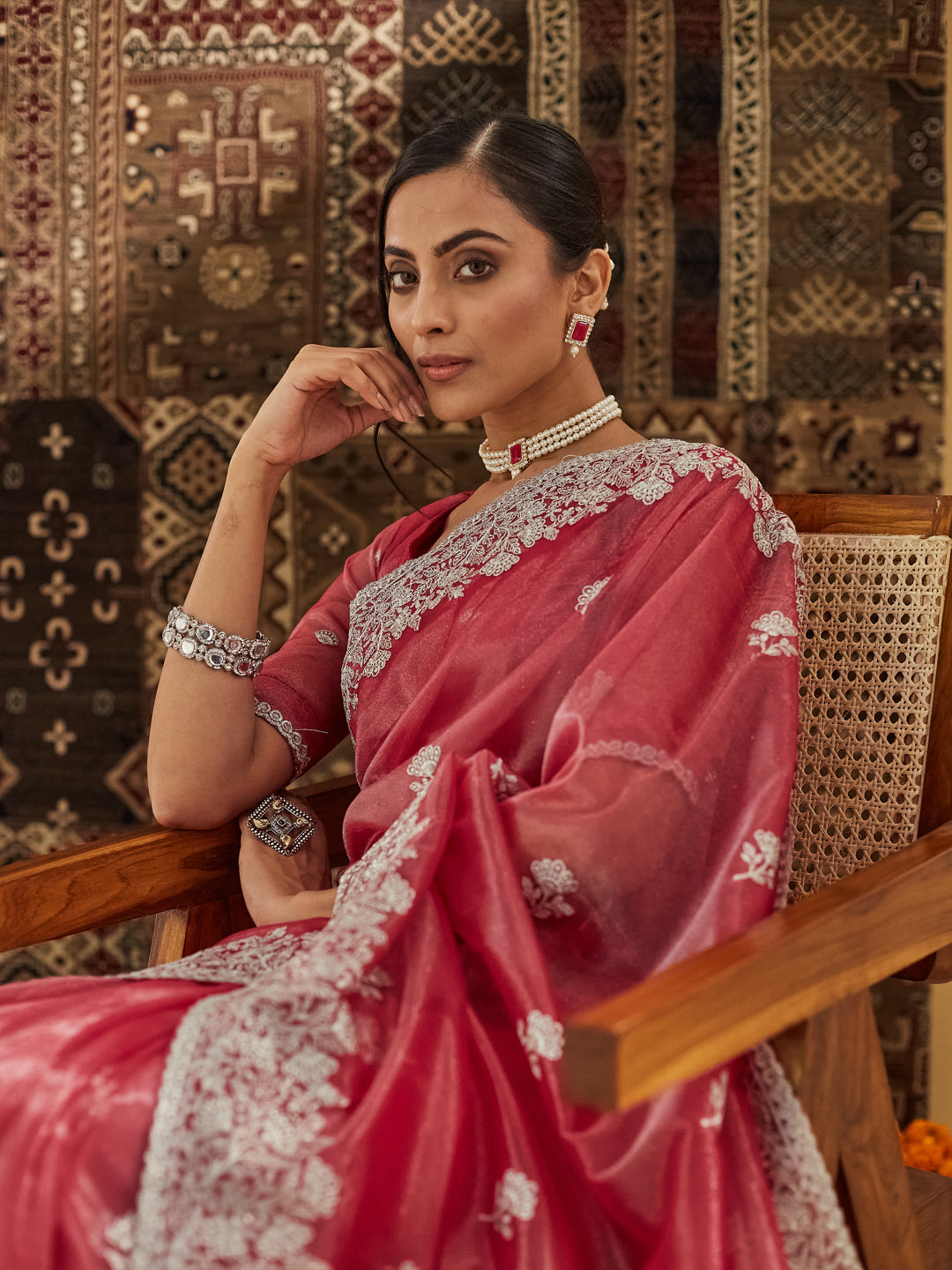 KASEE Women Gajri Floral Embroidered Supernet Saree