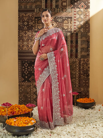 KASEE Women Gajri Floral Embroidered Supernet Saree