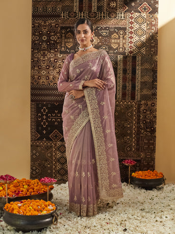 KASEE Women Lavender Floral Zardozi Supernet Saree