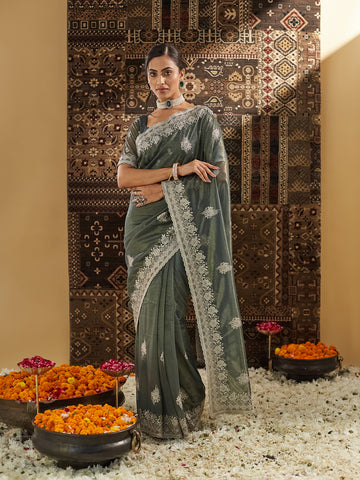 KASEE Women Mahendi Embellished Beads and Stones Supernet Designer Saree