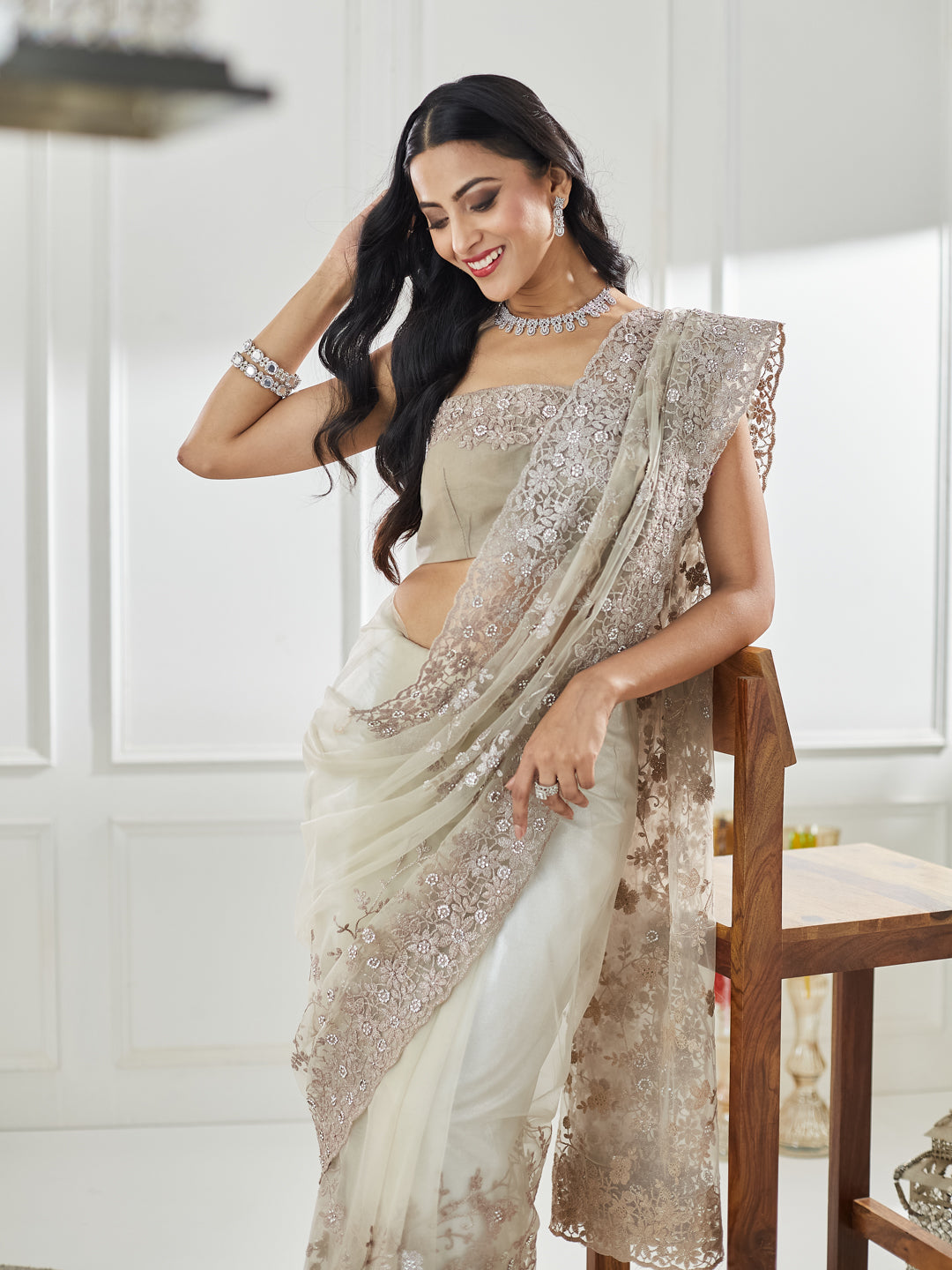 KASEE Women Gold Floral Embellished Beads and Stones Net Saree