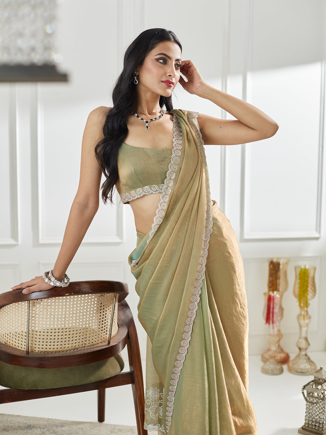 KASEE Women Pista Beads and Stones Silk Blend Saree