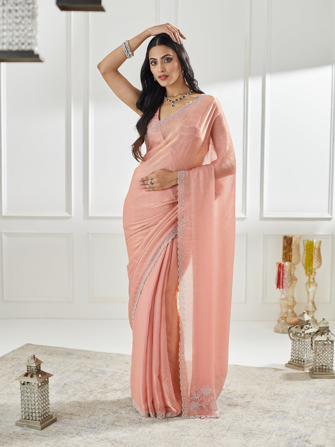 KASEE Women Pink Beads and Stones Silk Blend Saree