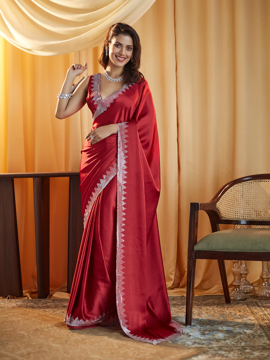KASEE Women Rani Embellished Beads and Stones Satin Saree
