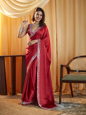 KASEE Women Rani Embellished Beads and Stones Satin Saree