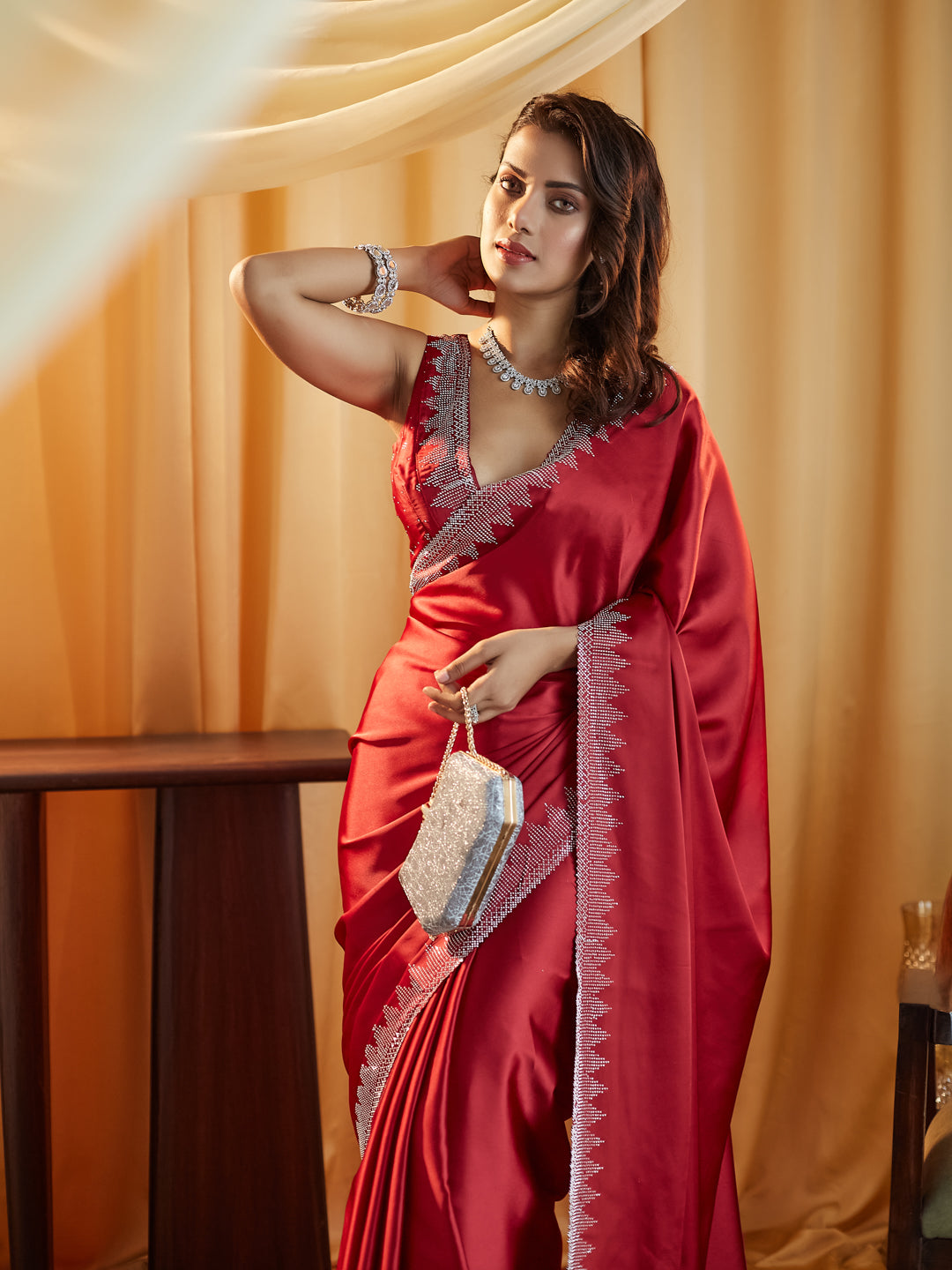 KASEE Women Rani Embellished Beads and Stones Satin Saree