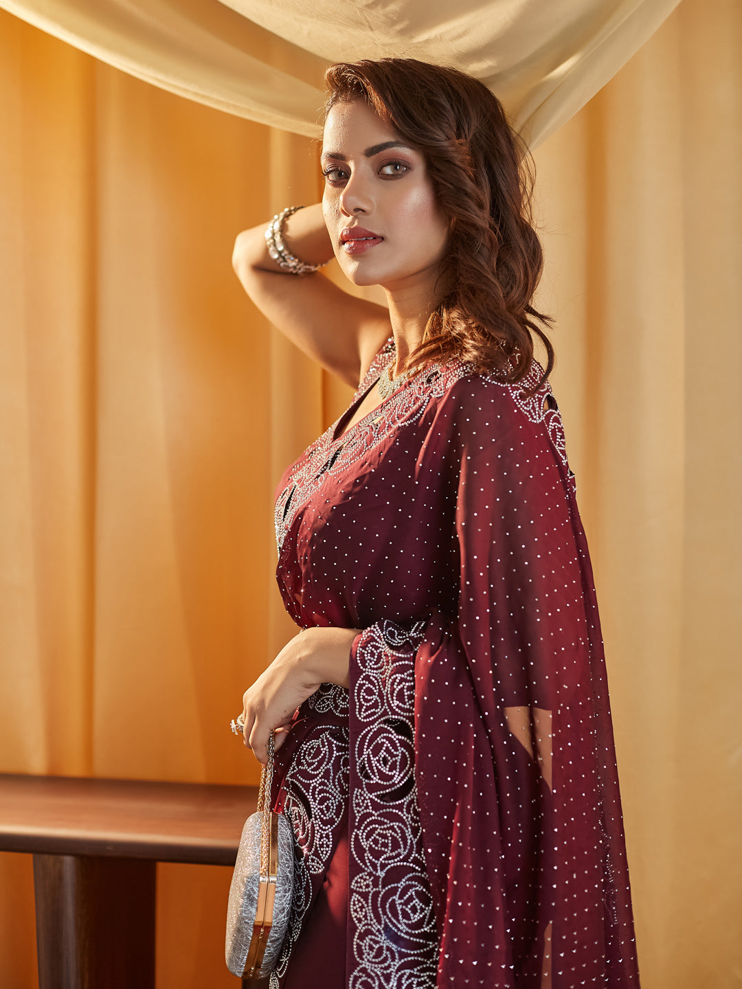 KASEE Women Wine Embellished Beads and Stones Saree