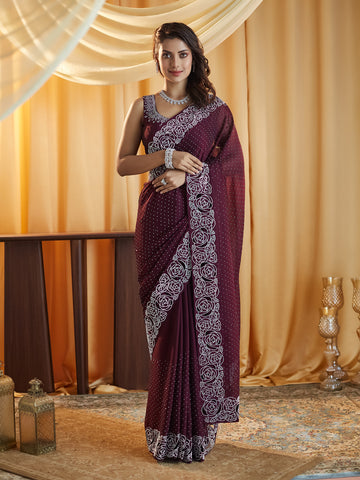 KASEE Women Wine Embellished Beads and Stones Saree