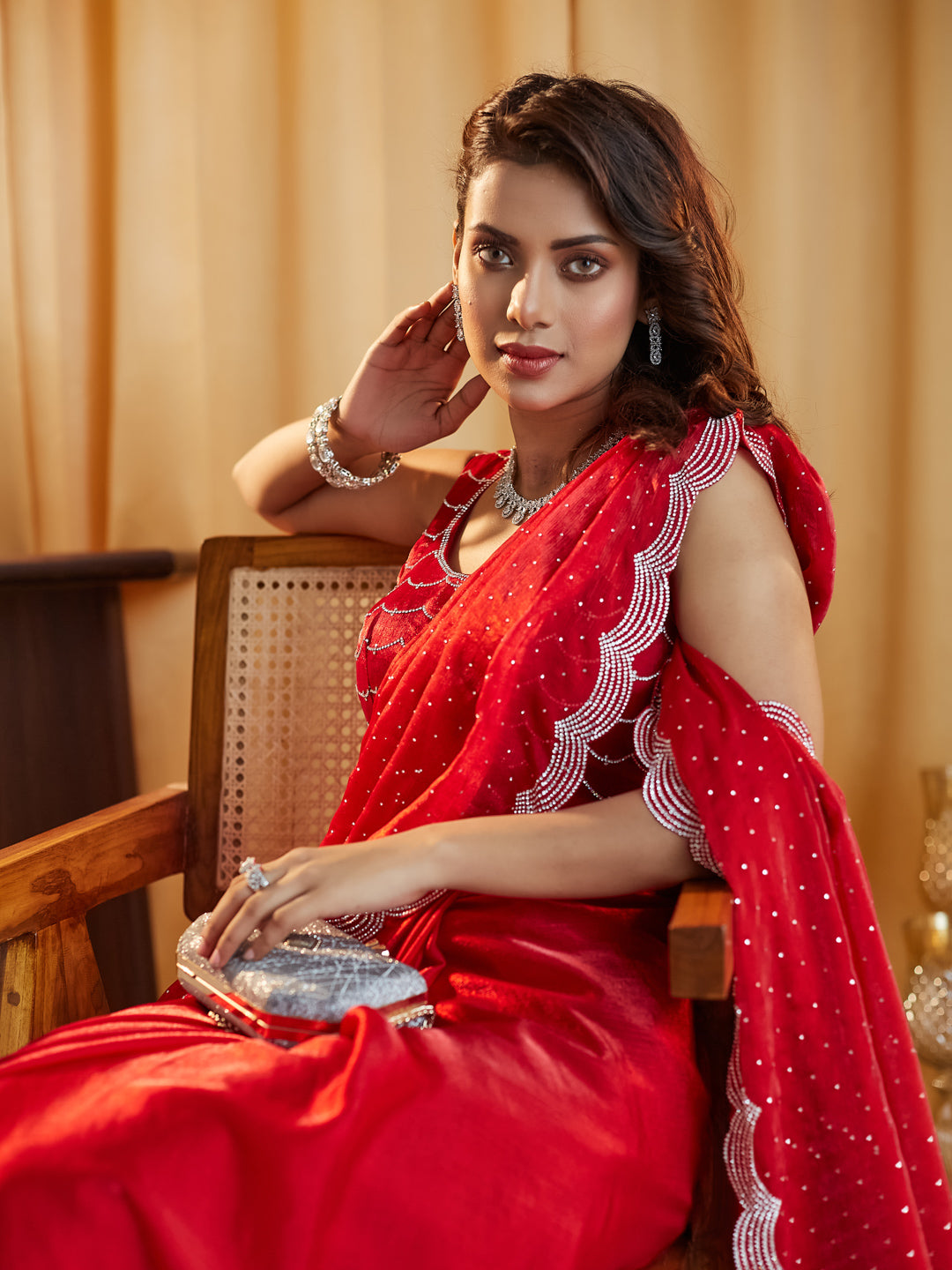 KASEE Women Cherry Embellished Beads and Stones Pure Silk Saree