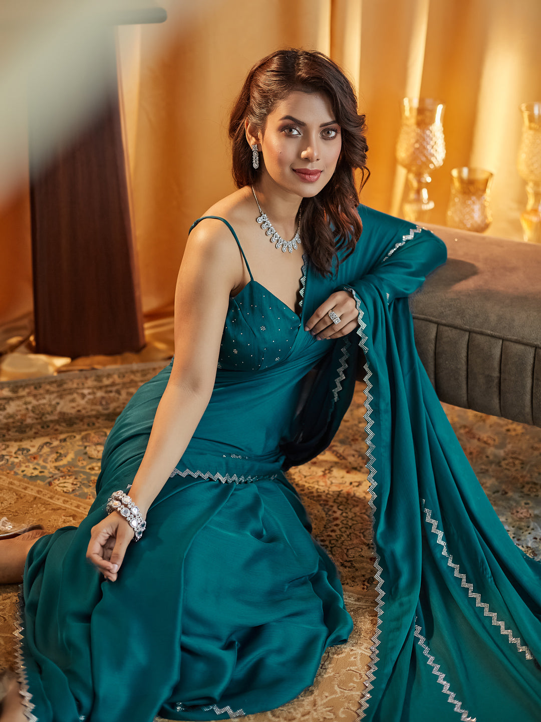 KASEE Women Teal Beads and Stones Pure Chiffon Saree