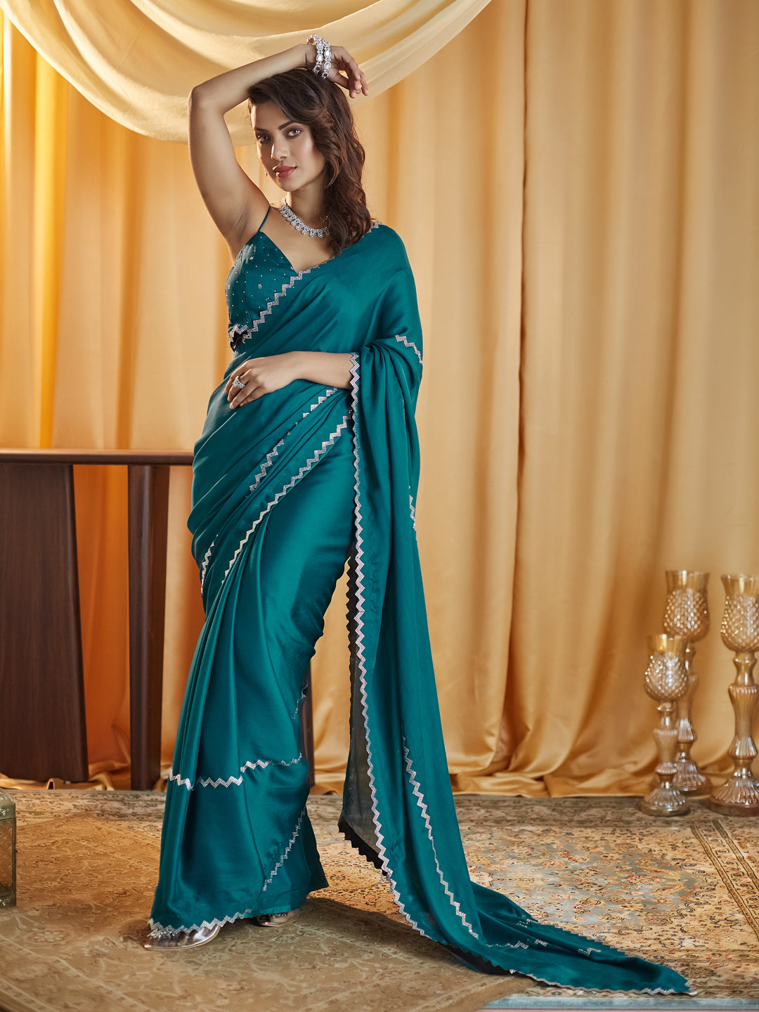 KASEE Women Teal Beads and Stones Pure Chiffon Saree