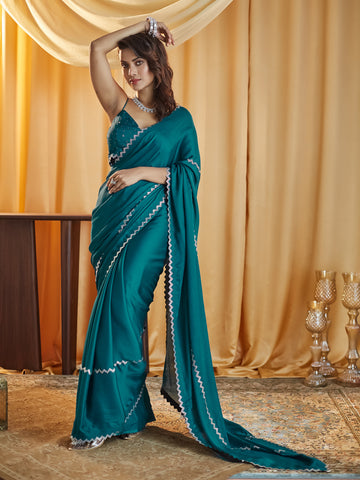 KASEE Women Teal Beads and Stones Pure Chiffon Saree