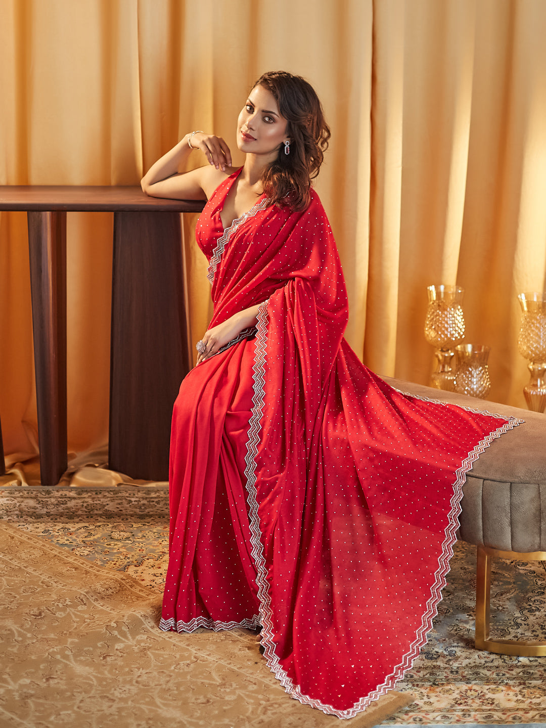 KASEE Women Cherry Women Embellished Beads and Stones Saree
