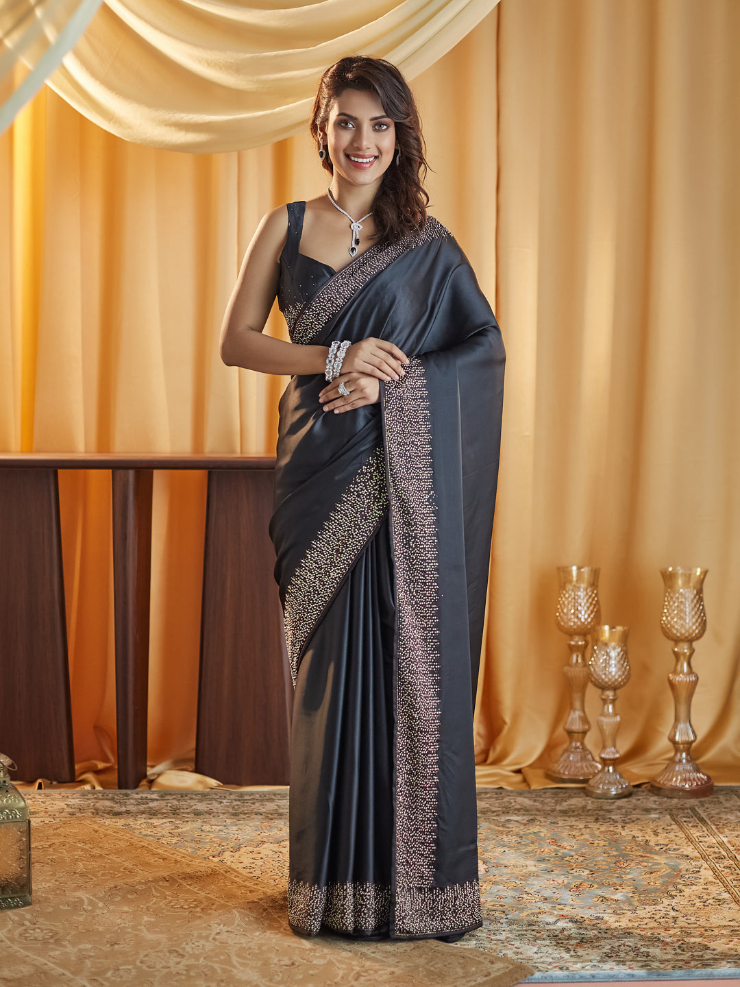 KASEE Women Black Beads and Stones Satin Saree