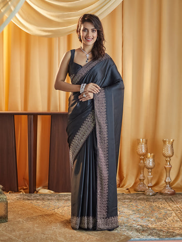 KASEE Women Black Beads and Stones Satin Saree
