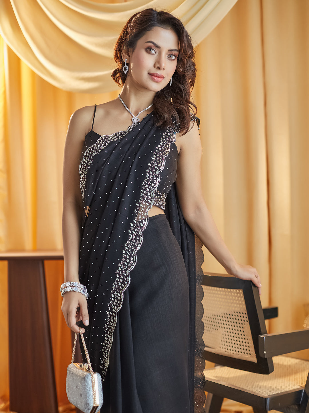 KASEE Women Black Embellished Beads and Stones Silk Blend Saree