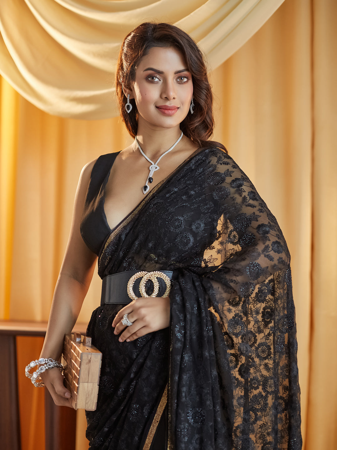 KASEE Women Black Embellished Chikankari Pure Chiffon Saree